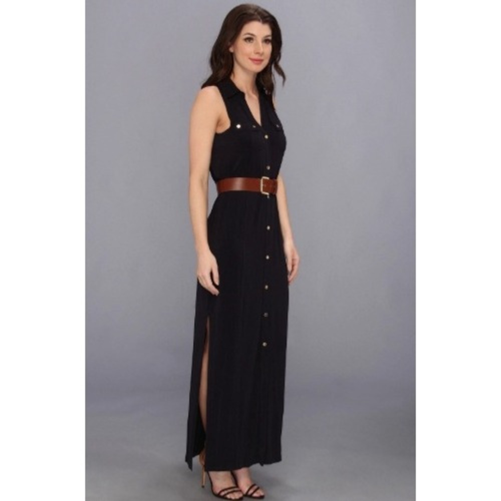 Michael Kors Jersey Maxi Shirt Dress‎ Belted Sleeveless Gold Button Safari S